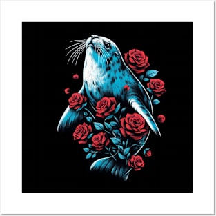 Cute Seal Red Roses Posters and Art